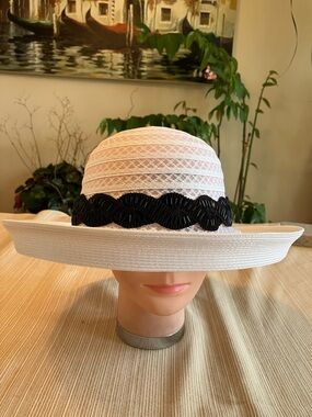 Chic White Hat with Black Beaded Braided Band